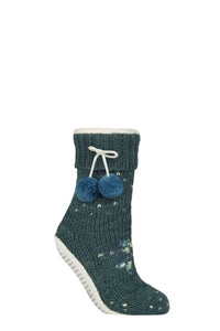 Women's 1 Pair Elle Chunky Sherpa Lined Cosy Moccasin Socks with Pom Pom