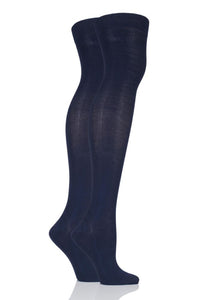 Ladies 2 Pair Elle Plain Bamboo Over The Knee Socks