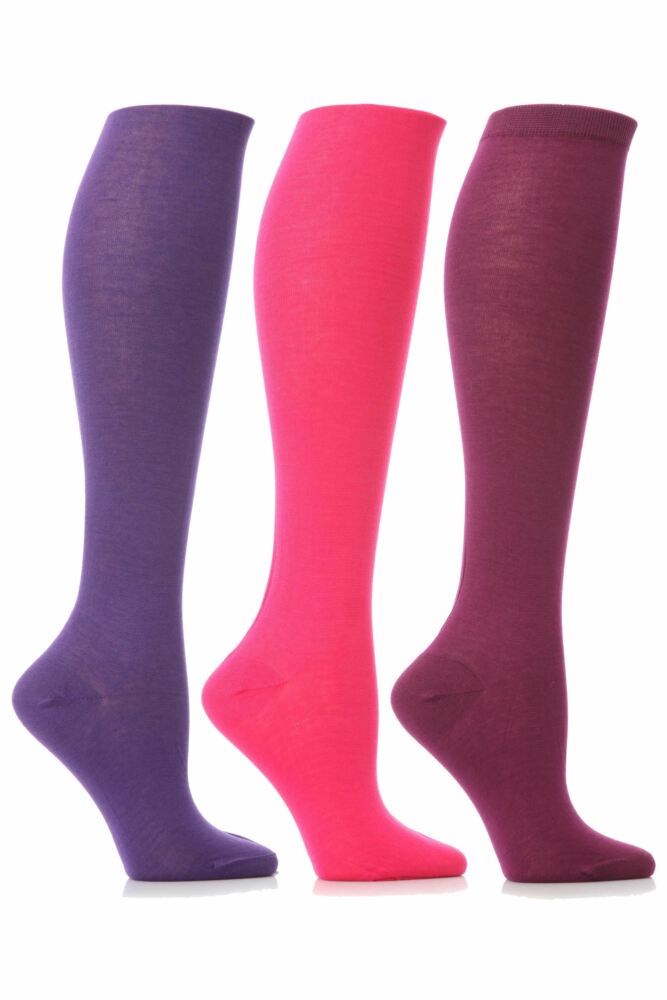 Ladies 3 Pair Elle Pearl Cotton Knee High Socks In Pinks and Purples