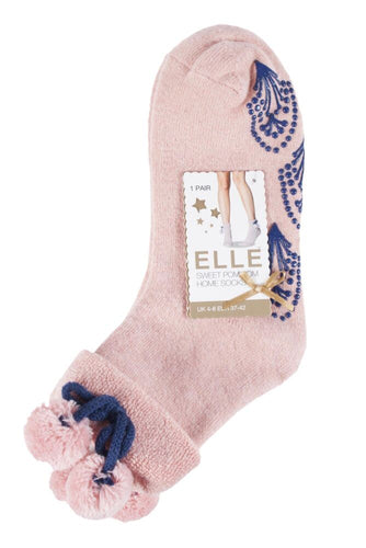 Ladies 1 Pair Elle Wool Mix Slipper Socks with Pompoms