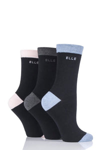 Ladies 3 Pair Elle Combed Cotton Plain Socks with Contrast Heel and Toe