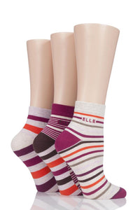 Ladies 3 Pair Elle Plain, Striped and Patterned Cotton Anklets with Smooth Toes